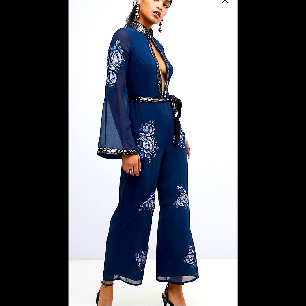 ASOS navy embroidered sequined deep v jumpsuit. Chiffon with embroidered roses
